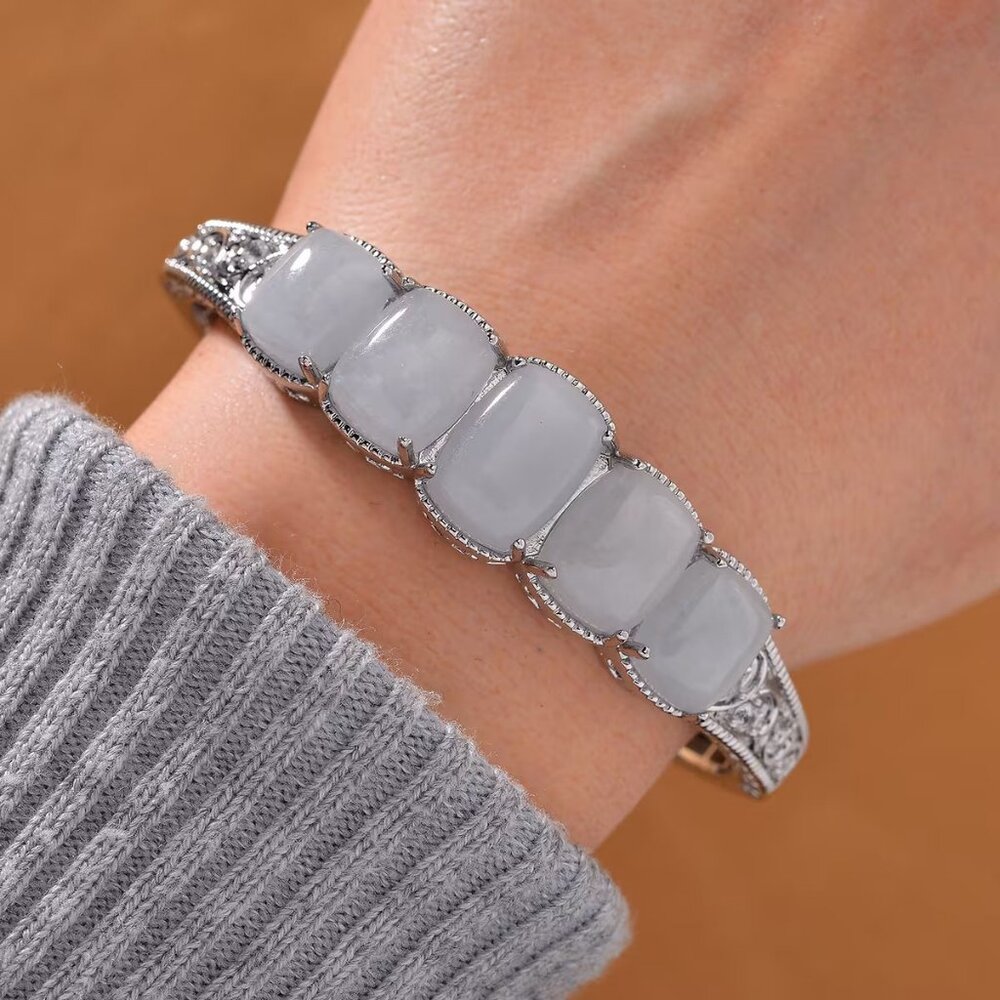 Karis Natural Jade & White Zircon 34.90 ctw Cuff Bracelet in Silvertone (6.50")